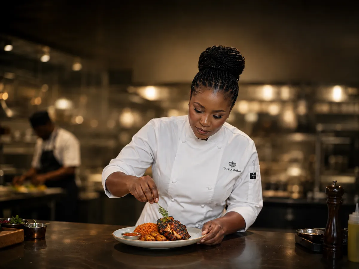 A culinary chef preparing authentic Nigerian dining dishes with care