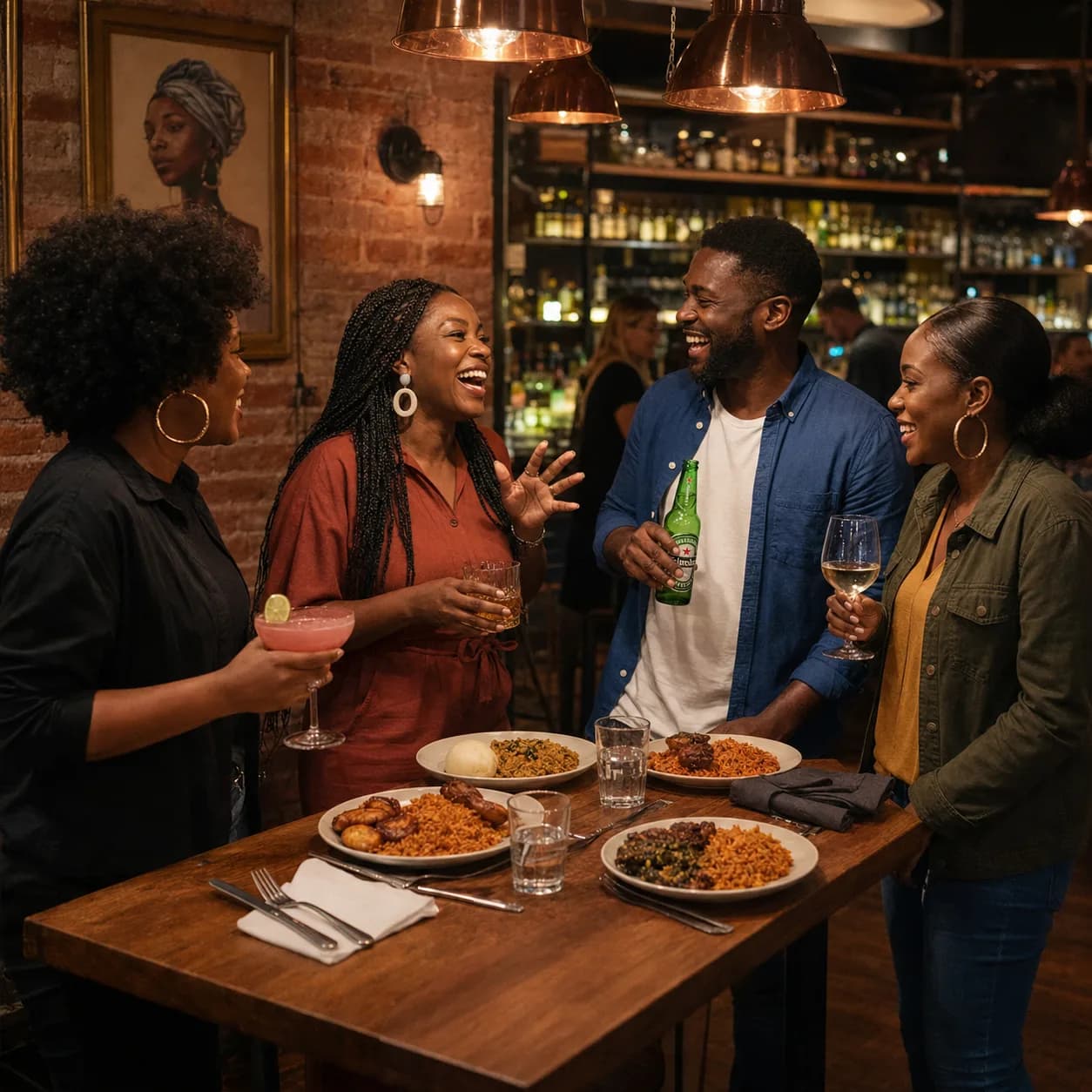 Friends dining, sharing food, and laughing in a warm local restaurant