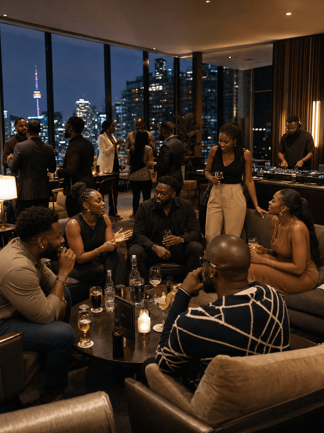 A group of young professionals enjoying food and conversation in a warm restaurant setting