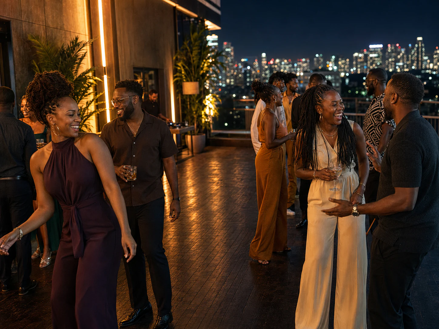 Guests socializing at an African-diaspora rooftop gathering at night