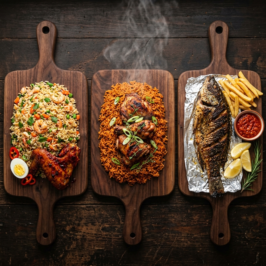 Premium Nigerian cuisine flat lay featuring Jollof Rice, Turkey Wings, and Grilled Catfish